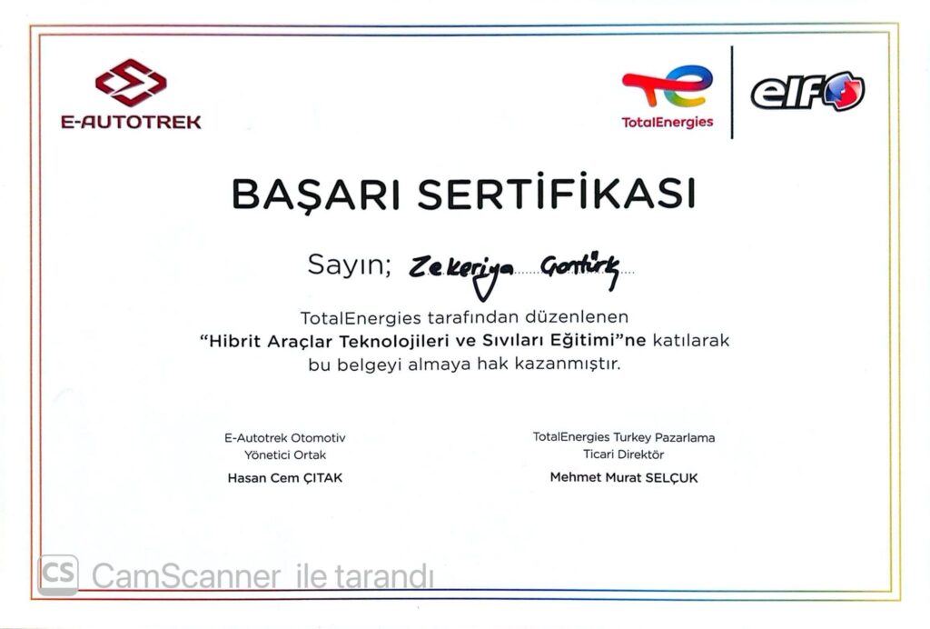 Hibrit Araç Teknolojileri ve Sıvıları Eğitimi Başarı Sertifikası