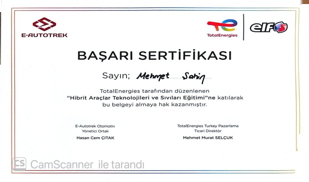 Hibrit Araç Teknolojileri ve Sıvıları Eğitimi Başarı Sertifikası