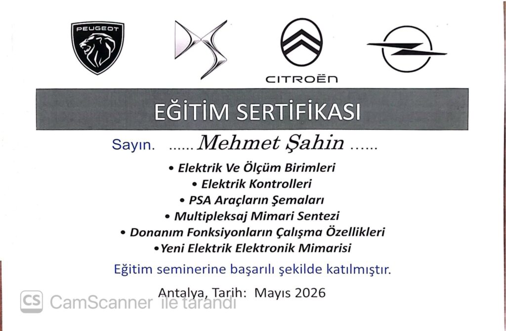 PSA Araç Elektrik-Elektronik ve Multiplexaj Sistemleri Eğitim Sertifikası