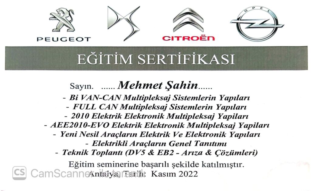 Araç Elektrik-Elektronik ve Multiplexaj Sistemleri Eğitim Sertifikası