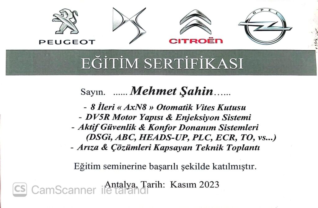 Otomatik Şanzıman, Motor ve Aktif Güvenlik Sistemleri Eğitim Sertifikası